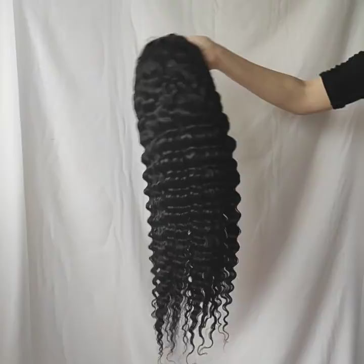 18-inch Long Deep Wave Human Hair Wig with 13x4 HD Lace Frontal, 180% Density – Showcasing natural volume, defined curls, and realistic hairline during close-up and styling demo.